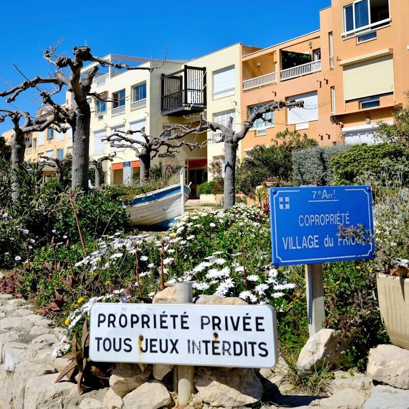 Buildings with signs and flowers under blue sky.