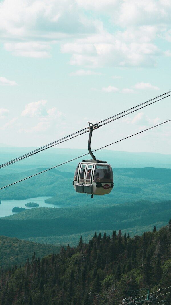 a couple of gondolas hanging over a lush green hillside