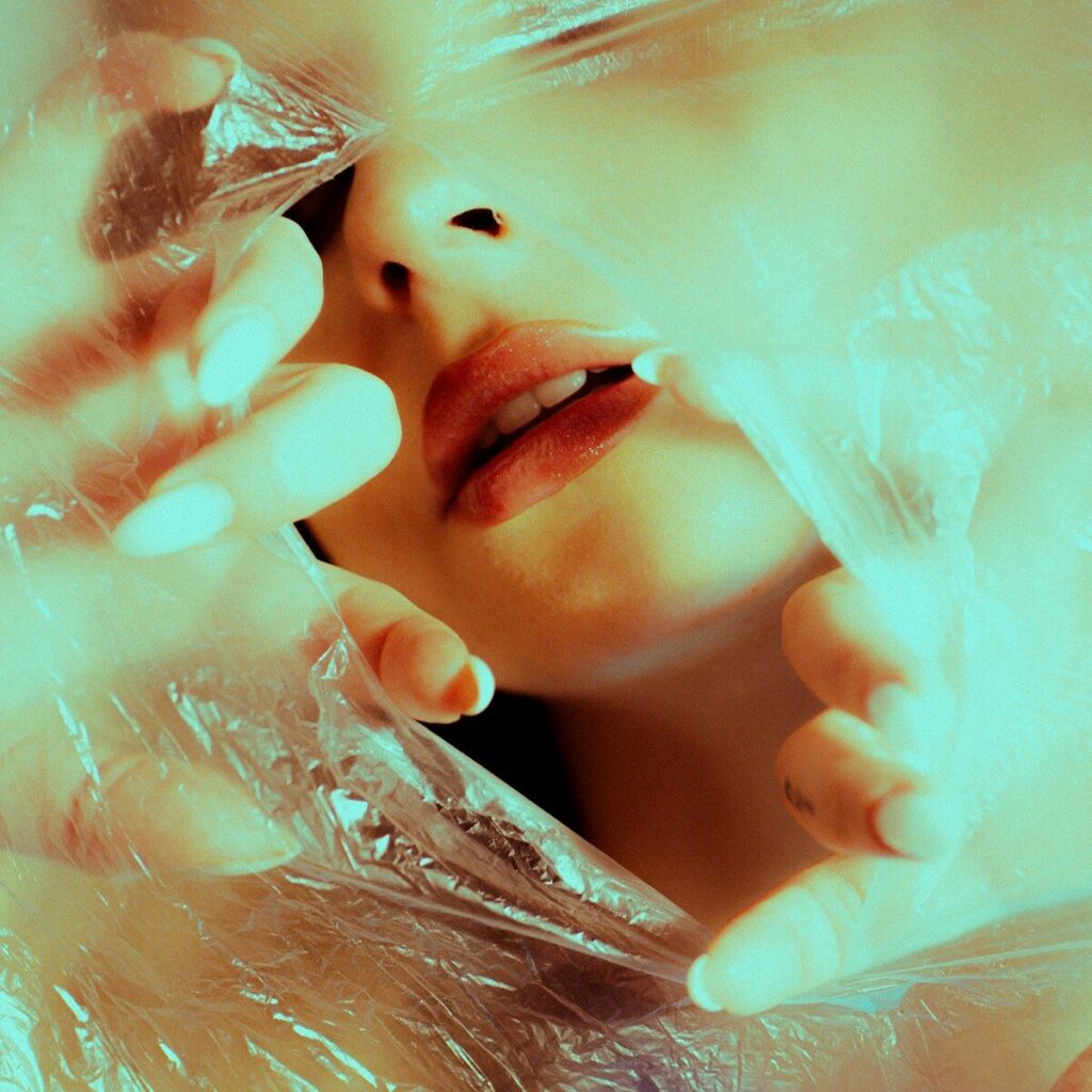 A woman is holding a plastic bag over her face